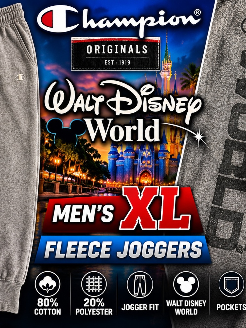 Champion Originals Walt Disney World Jogger Sweatpants Mens XL Gray Fleece